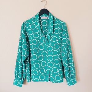 Retro Satin Double Breasted Button Up Blouse Vintage 70s 80s Green Turquoise